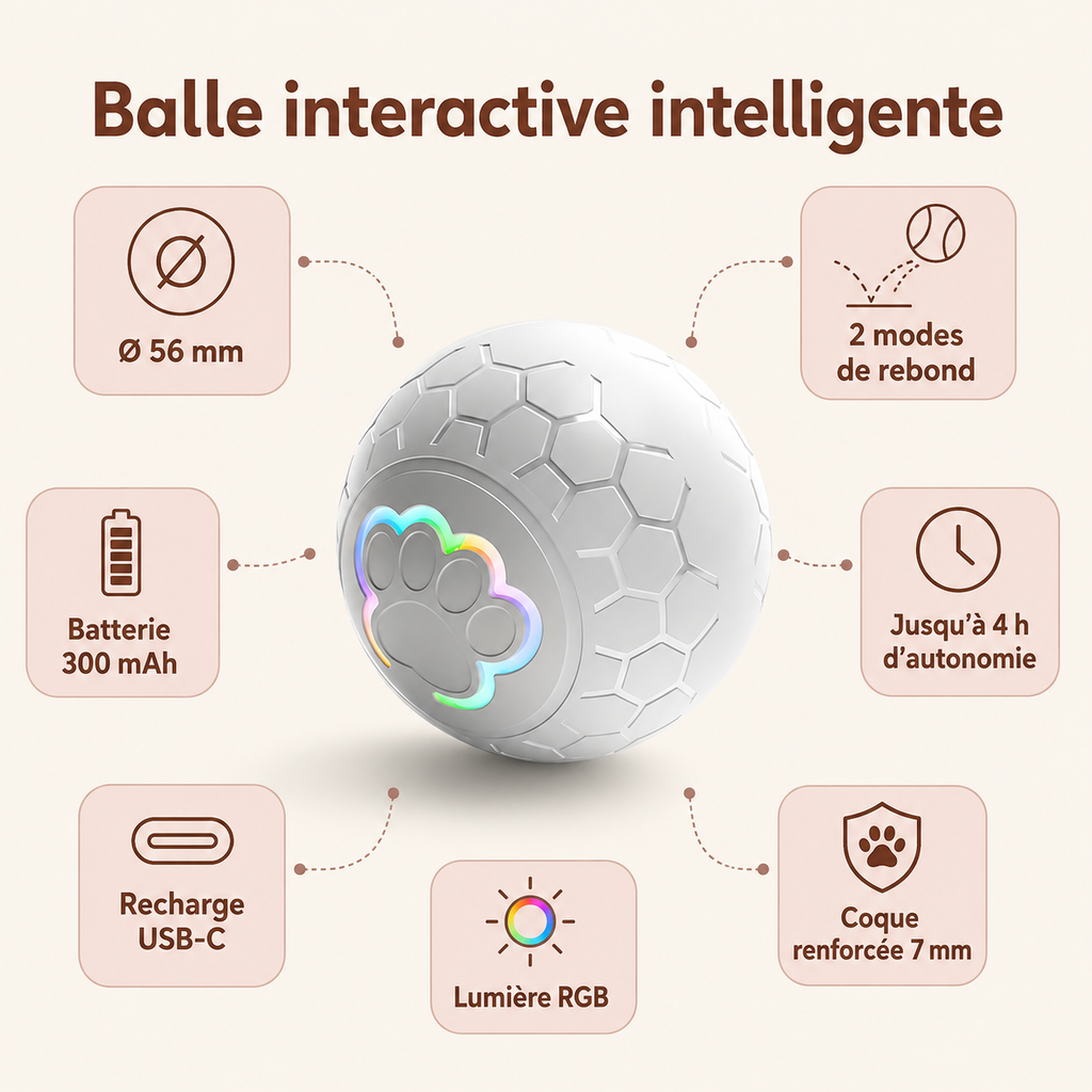 Balle interactive automatique rechargeable pour animaux – Rebond, rotation et lumières RGB