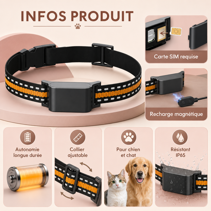 Traceur GPS 4G étanche IP67 pour chiens et chats – Localisation en temps réel