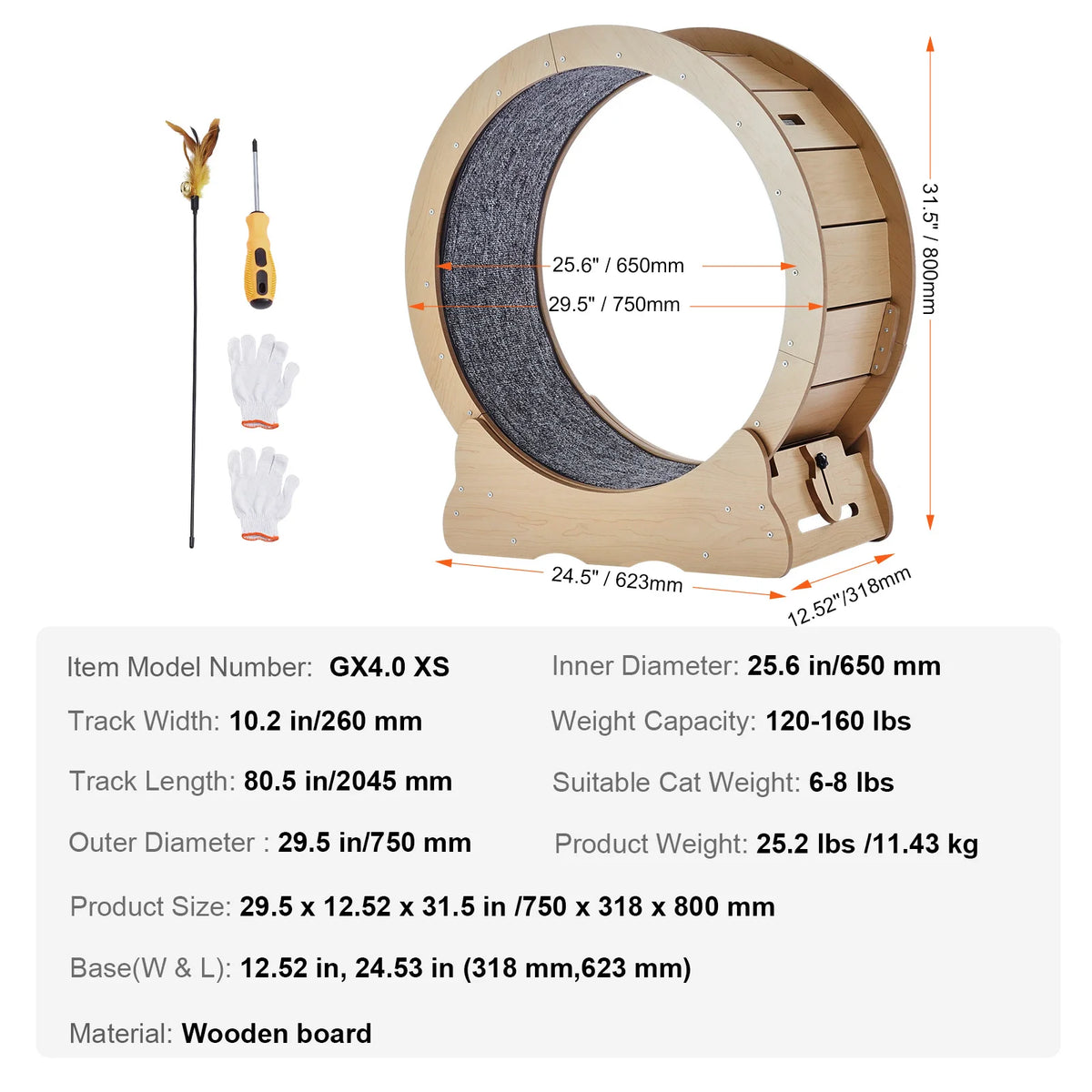 Wooden Cat Exercise Wheel – Removable Non-Slip Carpet