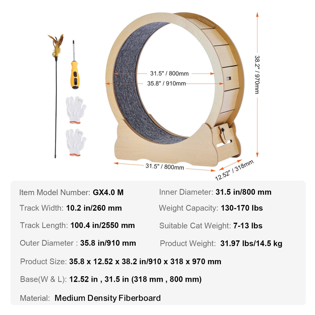 Wooden Cat Exercise Wheel – Removable Non-Slip Carpet