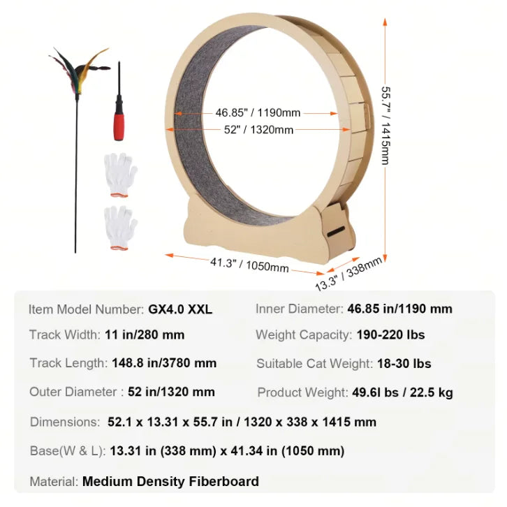 Roue d’exercice en bois pour chat - Tapis antidérapant amovible