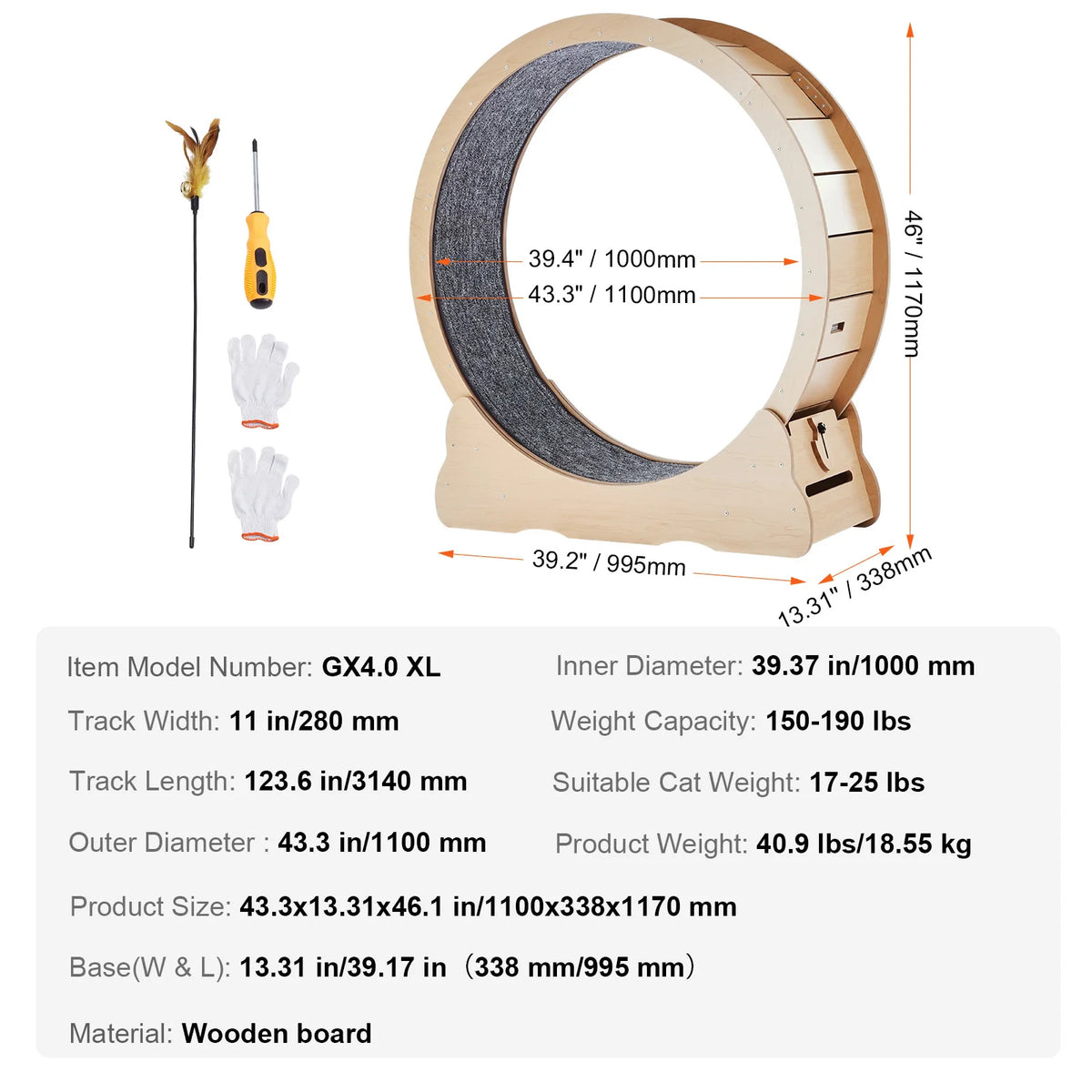 Wooden Cat Exercise Wheel – 110 cm, Removable Non-Slip Carpet