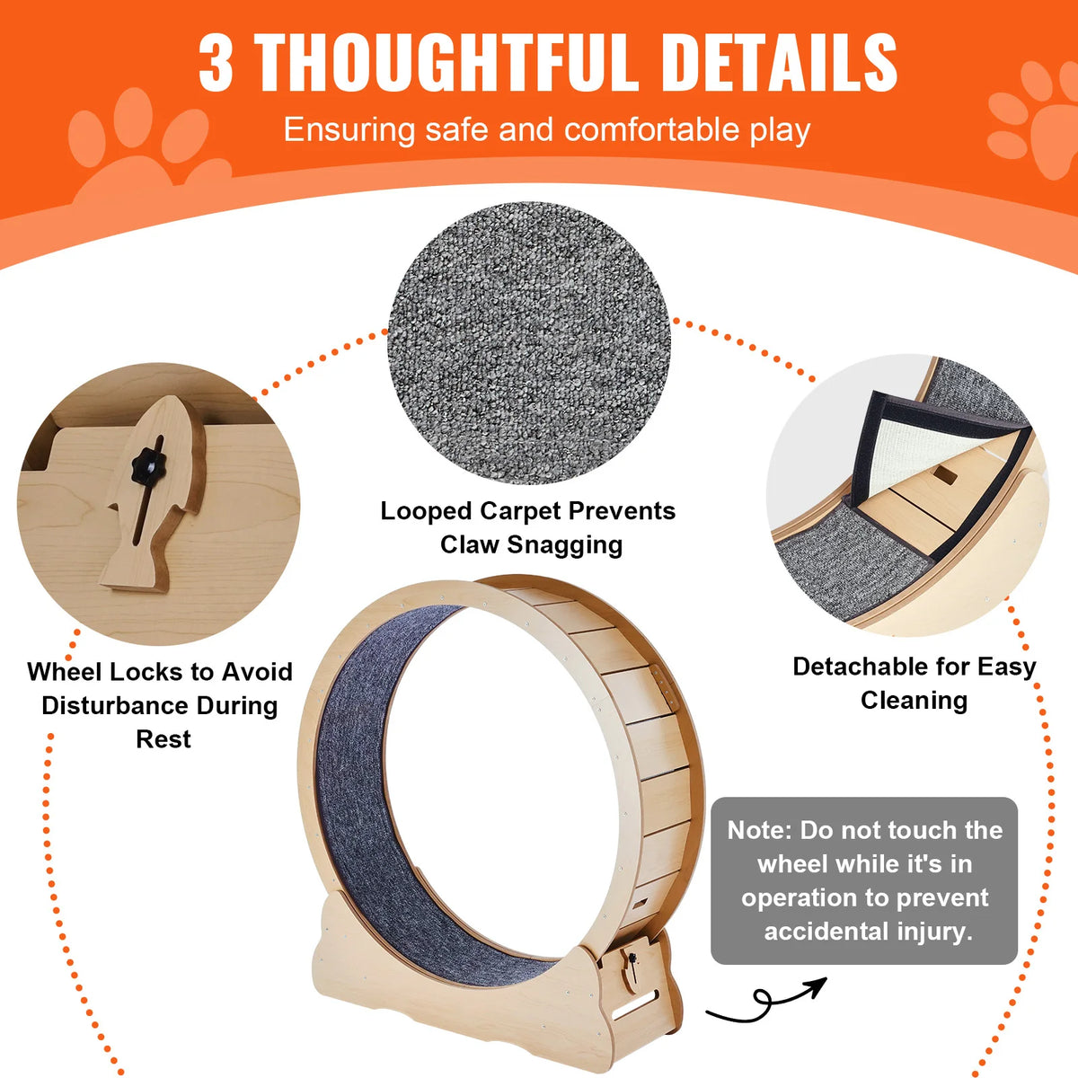 Wooden Cat Exercise Wheel – 110 cm, Removable Non-Slip Carpet