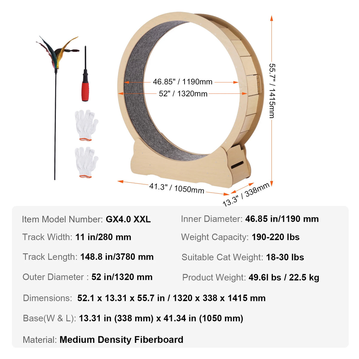 Wooden Cat Exercise Wheel – Removable Non-Slip Carpet