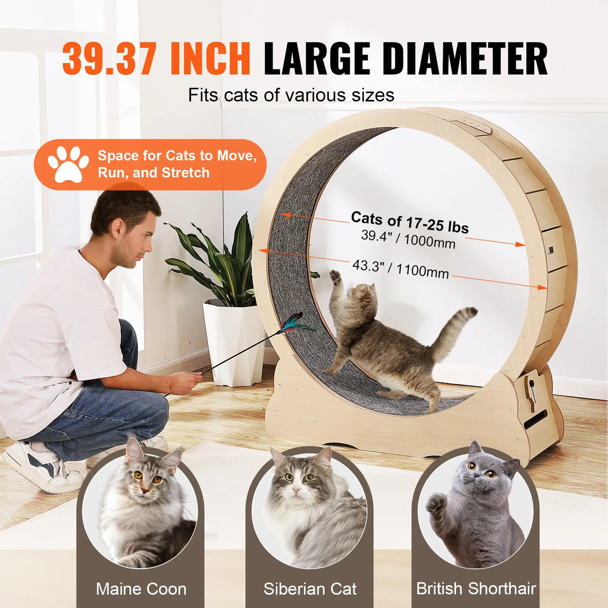 Wooden Cat Exercise Wheel – 110 cm, Removable Non-Slip Carpet