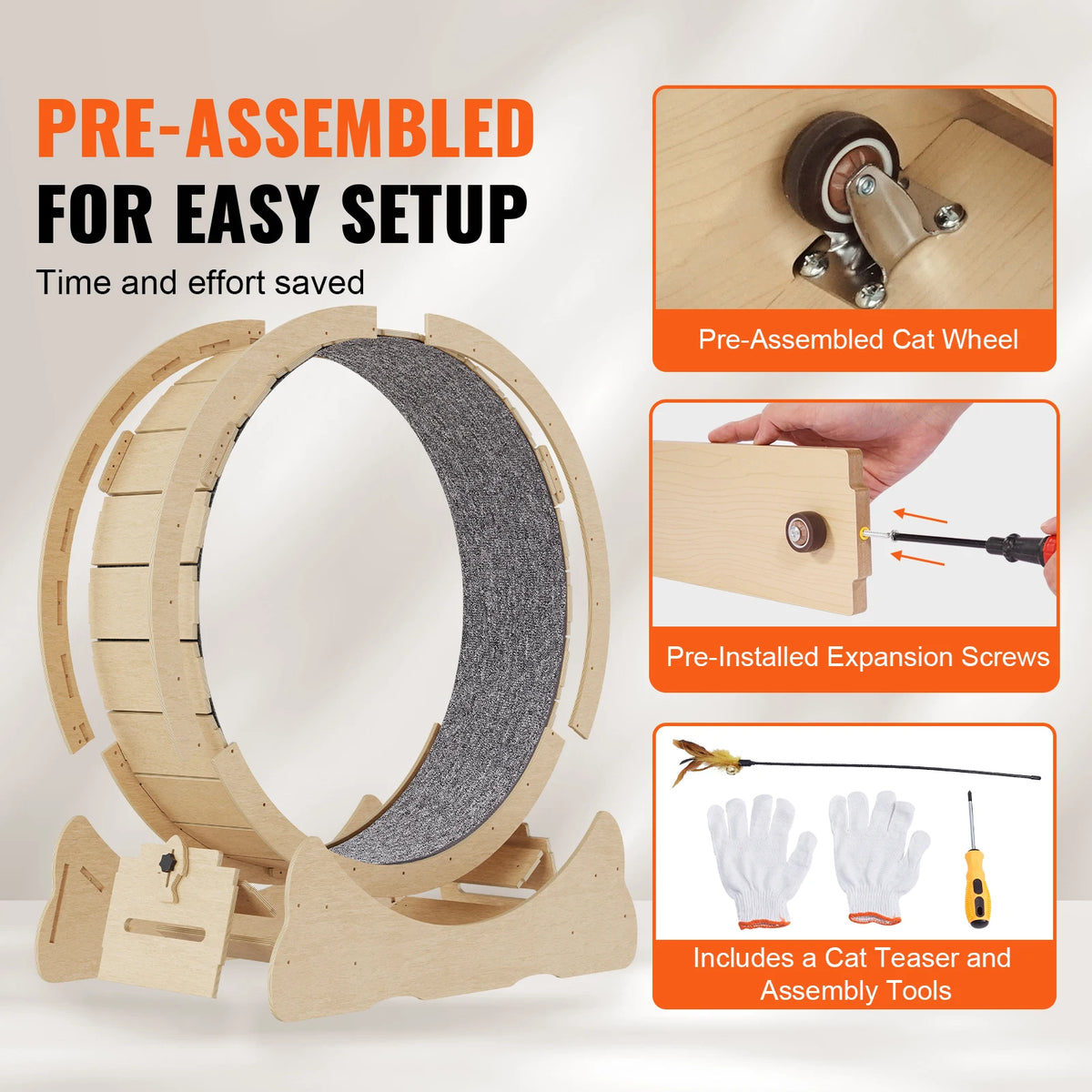 Wooden Cat Exercise Wheel – Removable Non-Slip Carpet