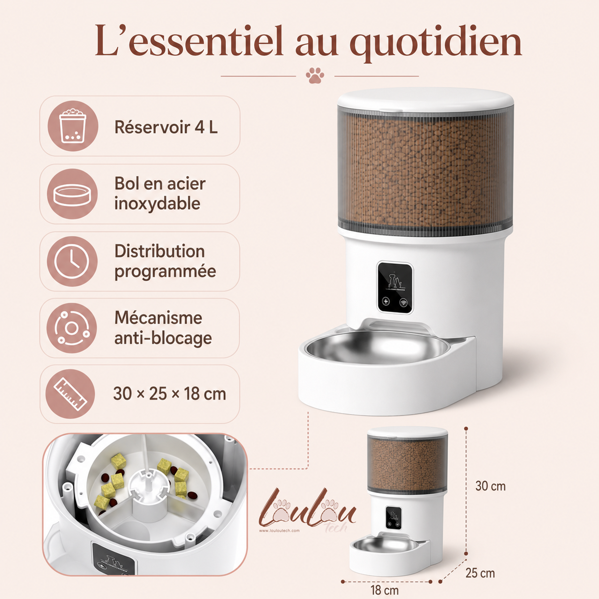 Distributeur automatique de croquettes Wi-Fi 4 L