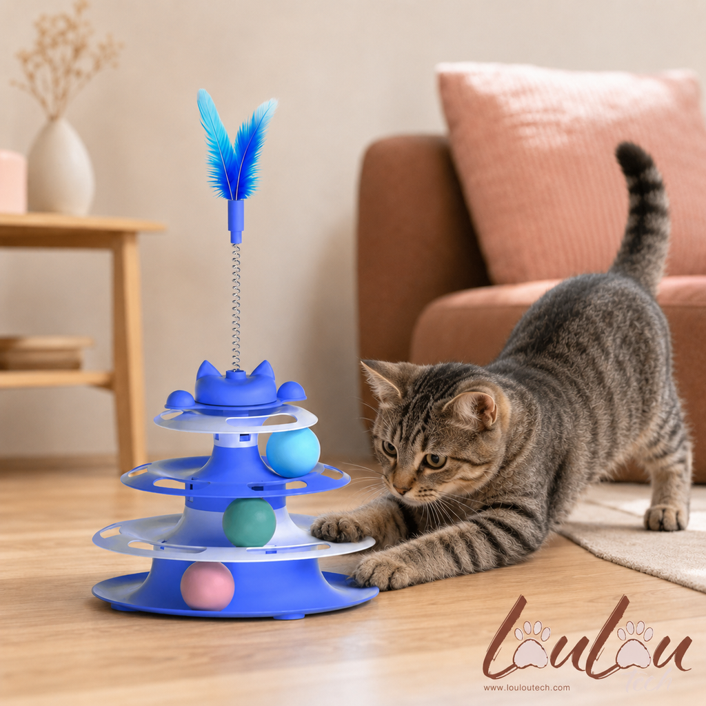 Jouet interactif 3-en-1 – Balle tournante, plume et exercice anti-ennui