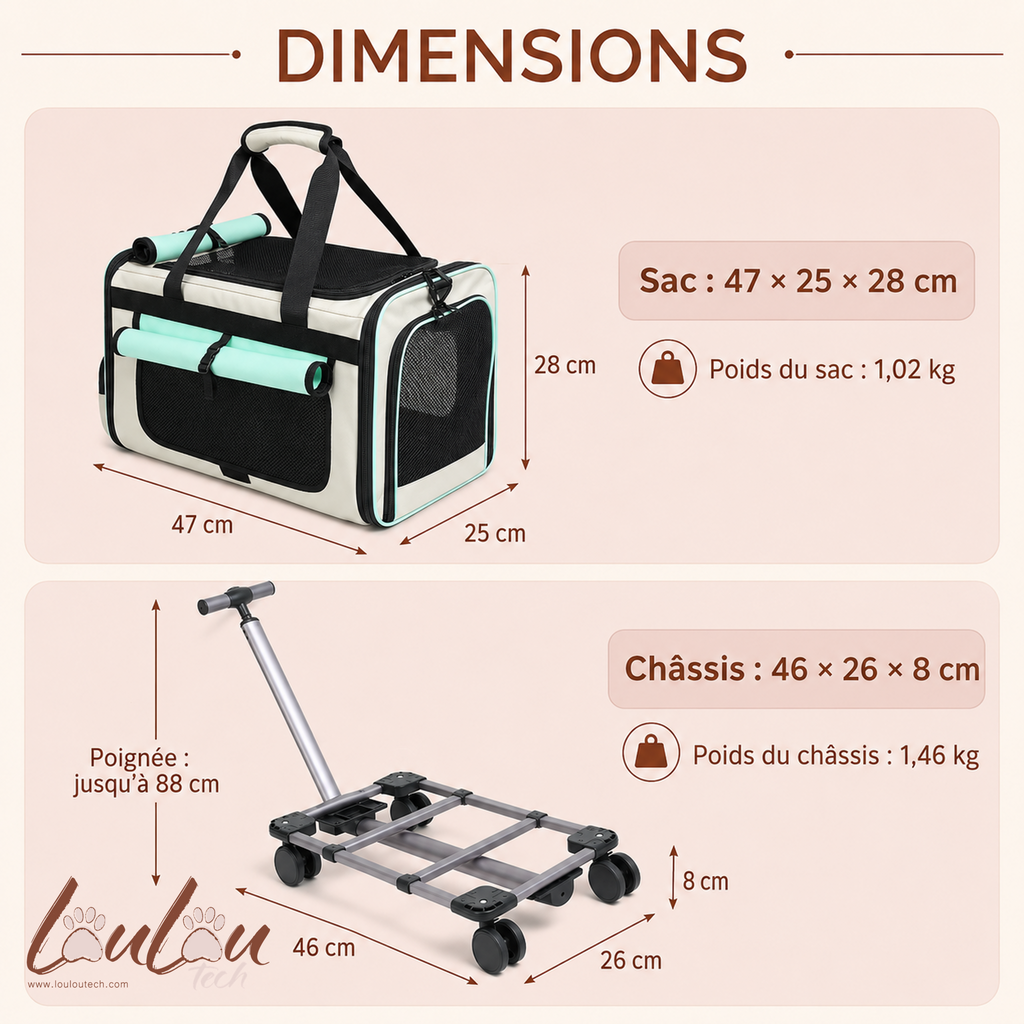 Sac de transport à roulettes pliable pour animaux