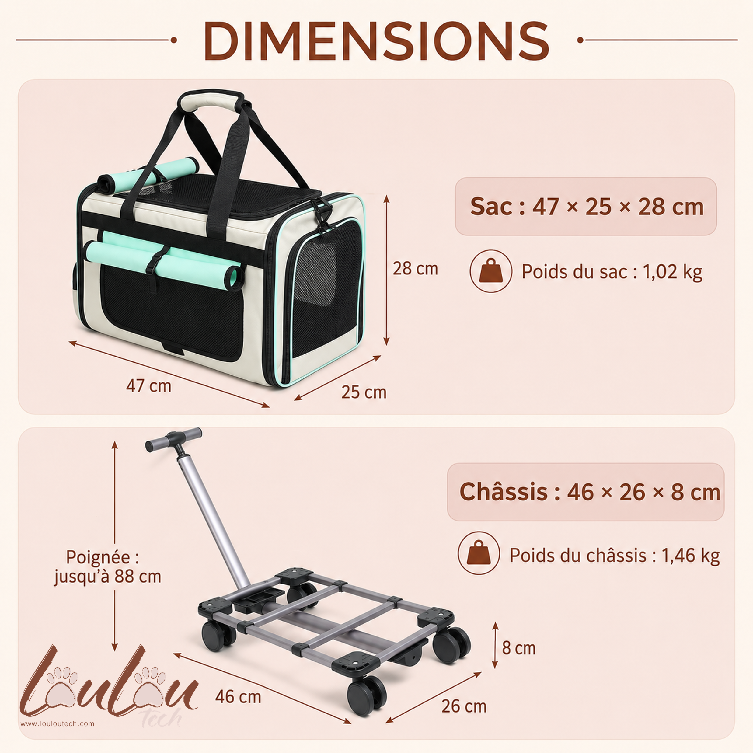 Sac de transport à roulettes pliable pour animaux