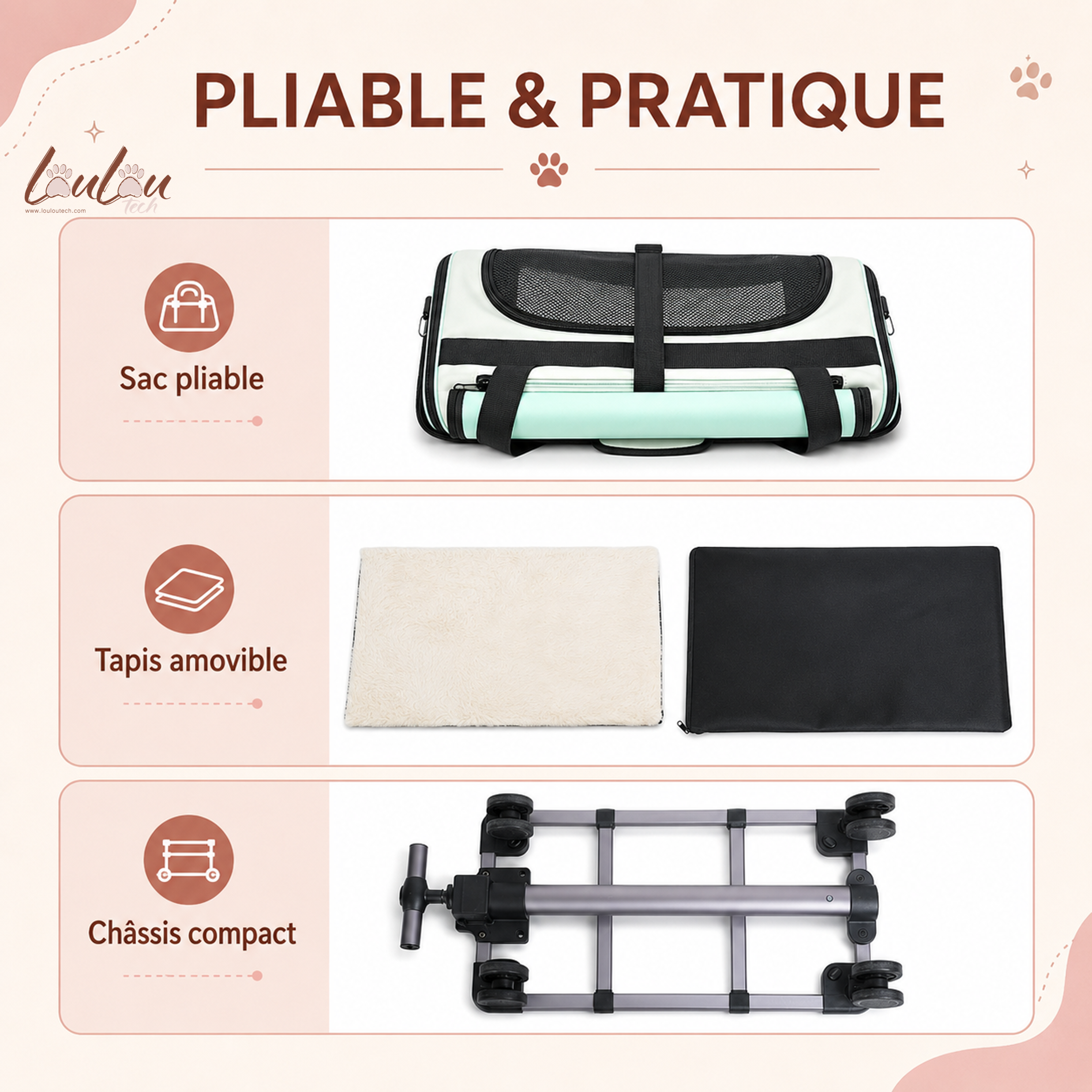 Sac de transport à roulettes pliable pour animaux